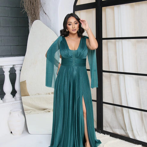 VESTIDO MANGA CAPA ACINTURADO vestido de festa PETRA FINA VERDE ESMERALDA M